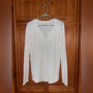 Eddie Bauer Cream Lace-Trim Long Sleeve Henley Top